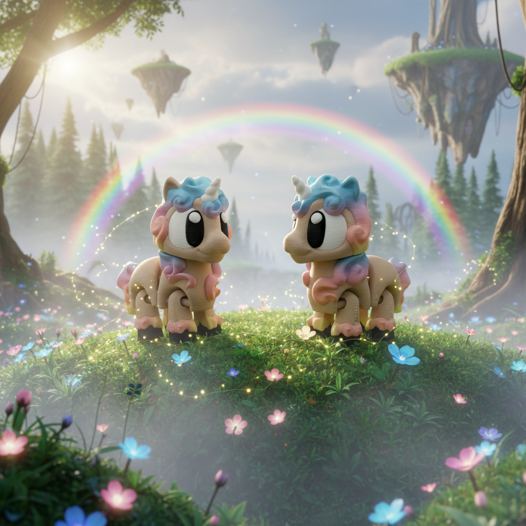 Two cartoon unicorns standing on a grassy hill with a rainbow in the background.