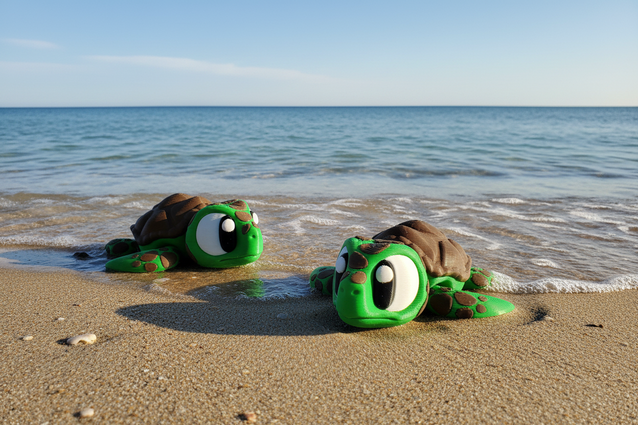 Two green turtle toys with brown shells on a white background