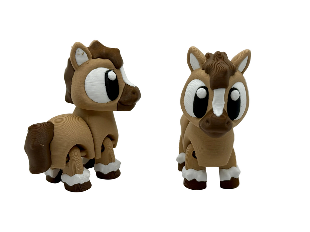 Two brown toy horses with white accents on a light gray background