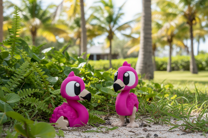 Two pink bird-like figurines on a white background