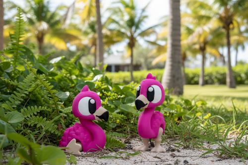 Two pink flamingo figurines in a tropical background
