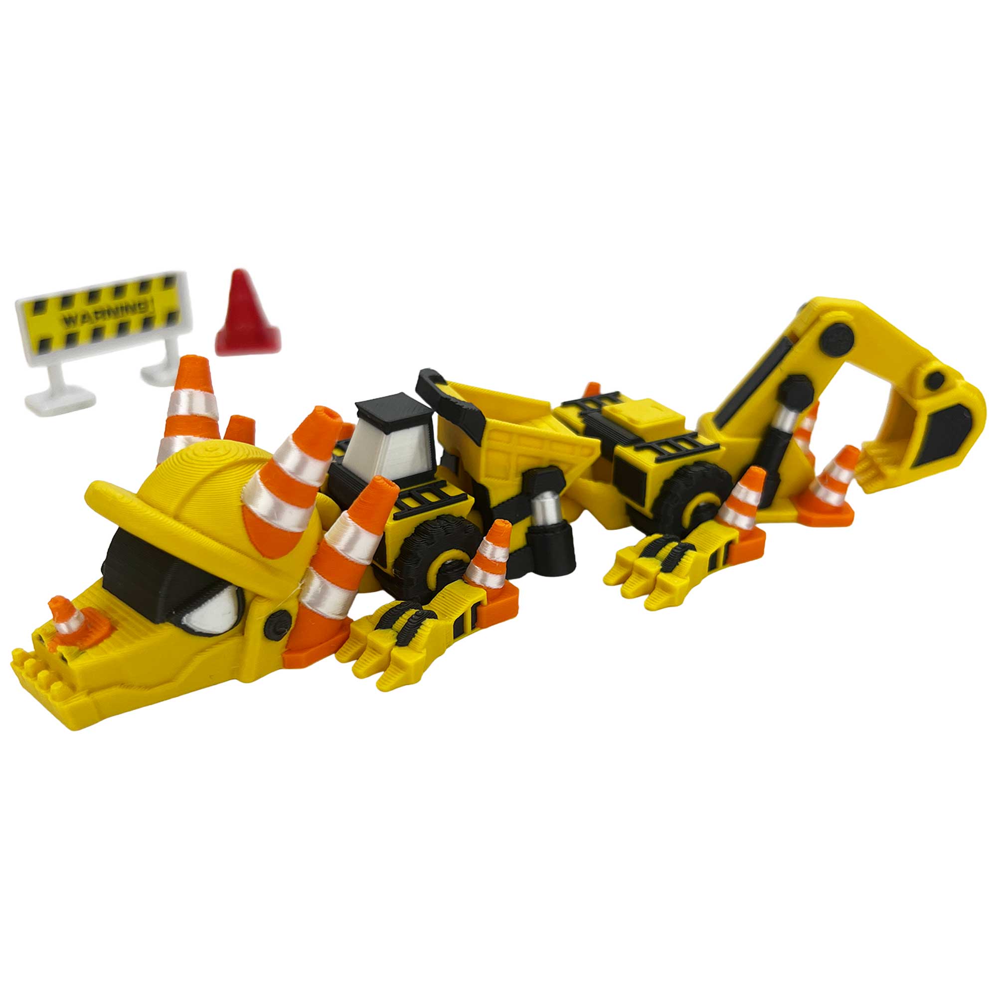Toy construction vehicle with safety cones and signs on a white background