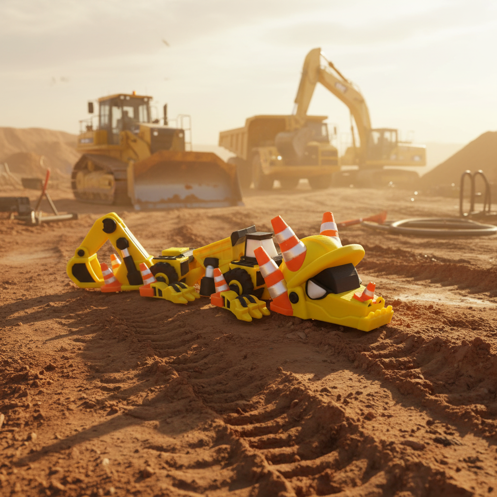 Toy construction vehicle with helmet and traffic cones on a white background