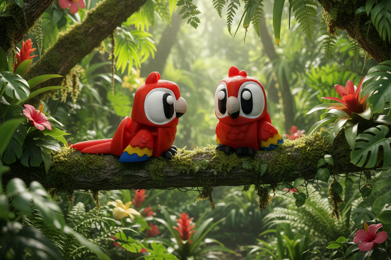 Two red parrot-like toys on a white background