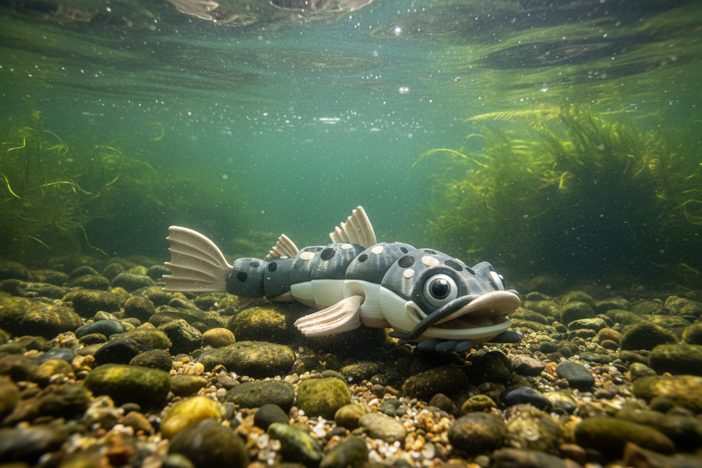 Gray and beige fish-shaped toy in a river under water.